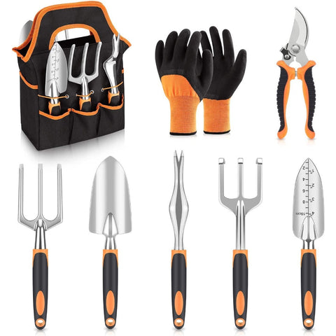 Orange 8 Piece Heavy Duty Gardening Tool Set With Ergonomic Handles And Storage Bag Garden Tool Sets