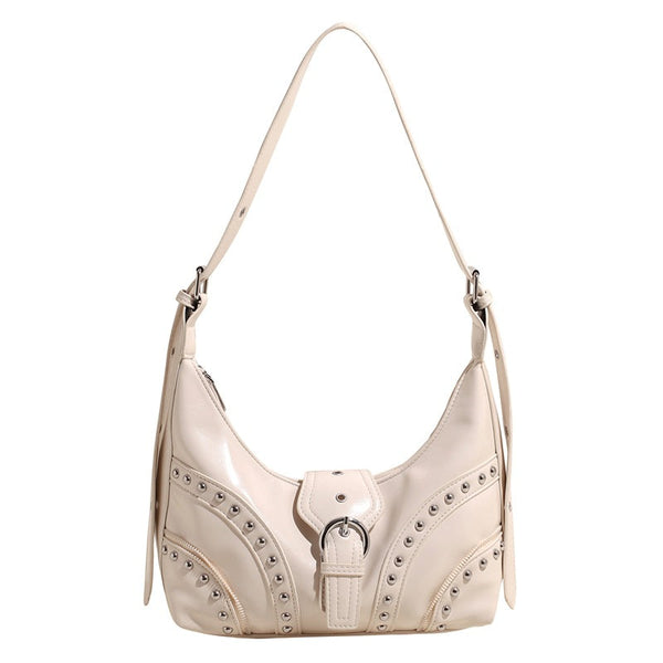 Elosung 1 Sets Of White Studded Pu Leather Shoulder Bag With Strap Women's Bags & Handbags