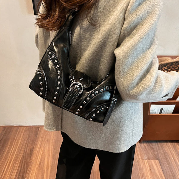 Elosung 1 Sets Of White Studded Pu Leather Shoulder Bag With Strap Women's Bags & Handbags