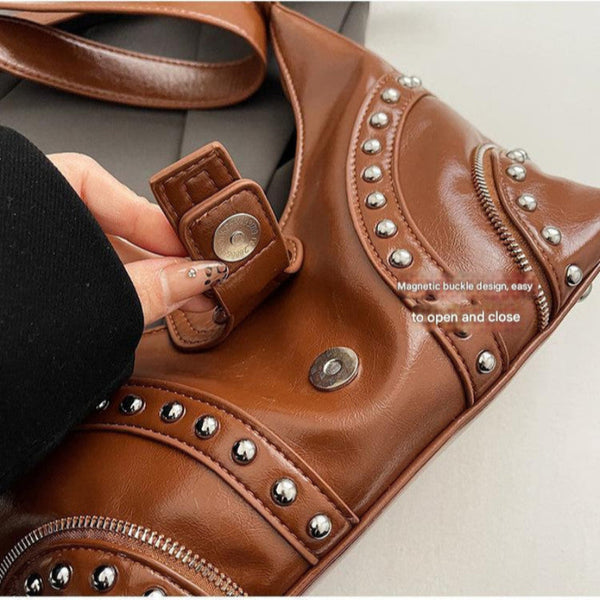 Elosung 1 Sets Of White Studded Pu Leather Shoulder Bag With Strap Women's Bags & Handbags