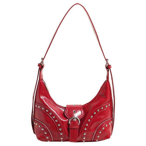 Elosung Red Studded Pu Leather Shoulder Bag With Strap Women's Bags & Handbags