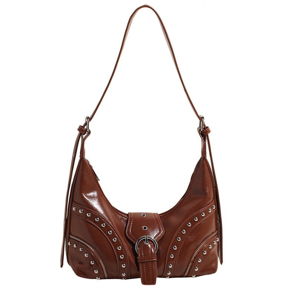 Brown Studded Pu Leather Shoulder Bag With Strap Women's Bags & Handbags