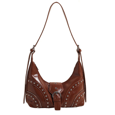 Brown Studded Pu Leather Shoulder Bag With Strap Women's Bags & Handbags