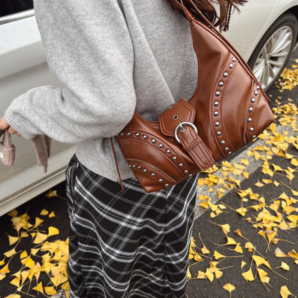 Brown Studded Pu Leather Shoulder Bag With Strap Women's Bags & Handbags