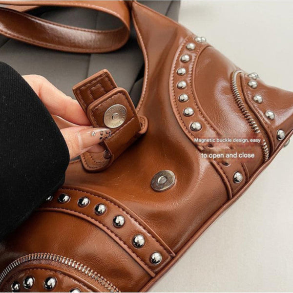 Brown Studded Pu Leather Shoulder Bag With Strap Women's Bags & Handbags