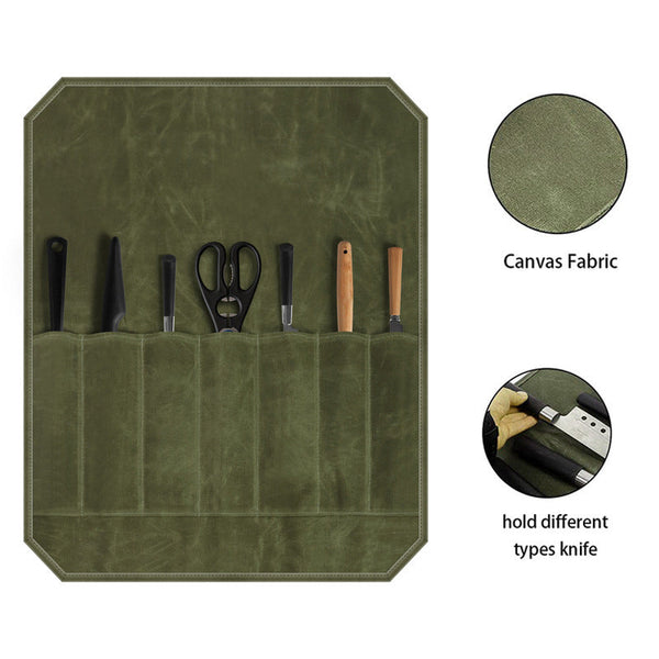Green Durable Waxed Canvas Knife Roll Bag Portable Chef Tool Organizer Knife Blocks & Storage