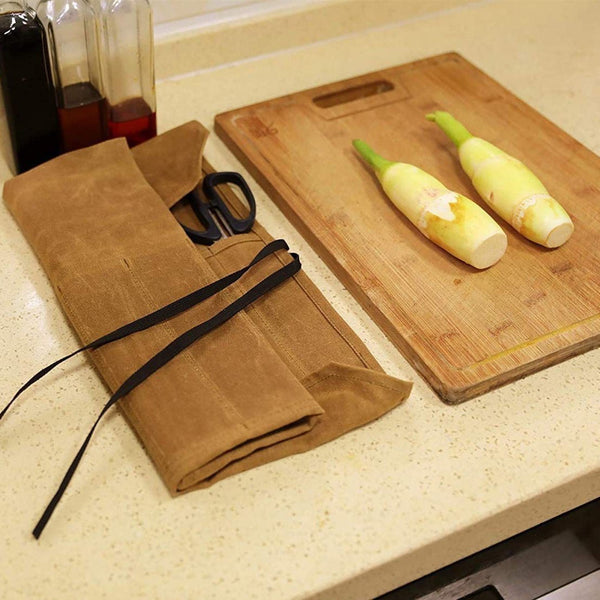 Elosung Beige Durable Waxed Canvas Knife Roll Bag Portable Chef Tool Organiser Other Kitchen Storage