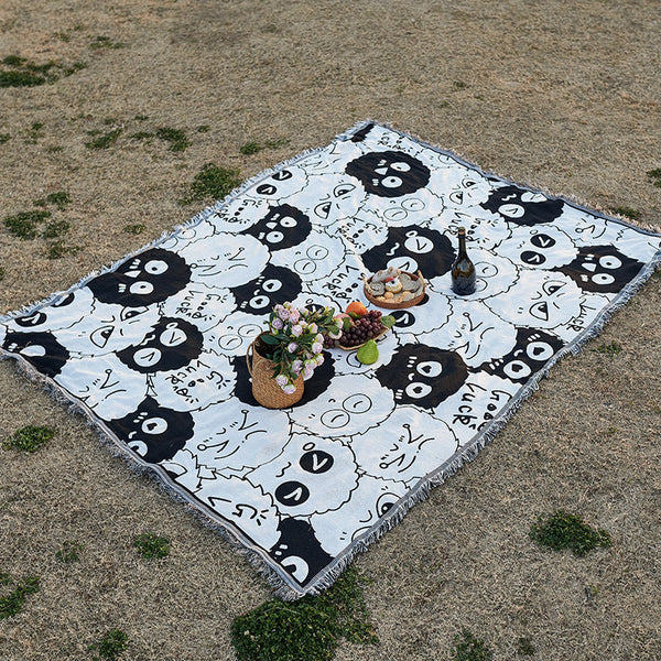Elosung 1 Sets Of Black And White Coal Briquettes Bohemian Style Outdoor Picnic Blanket 130*180Cm Decorative Throw Picnic Accessories