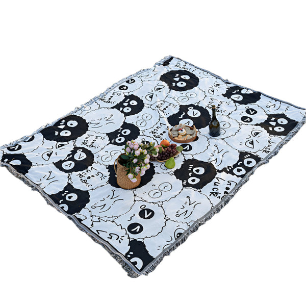 Elosung 1 Sets Of Black And White Coal Briquettes Bohemian Style Outdoor Picnic Blanket 130*180Cm Decorative Throw Picnic Accessories
