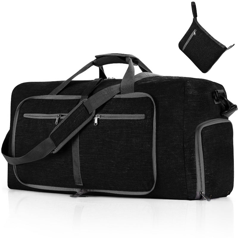 Black Large Foldable Travel Duffel Bag With Shoe Compartment And Carry Pouch Lightweight Durable Spacious Duffle Bags