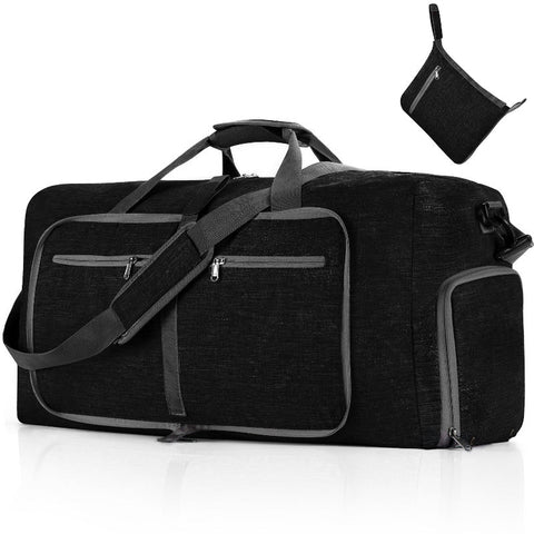 Black Large Foldable Travel Duffel Bag With Shoe Compartment And Carry Pouch Lightweight Durable Spacious Duffle Bags