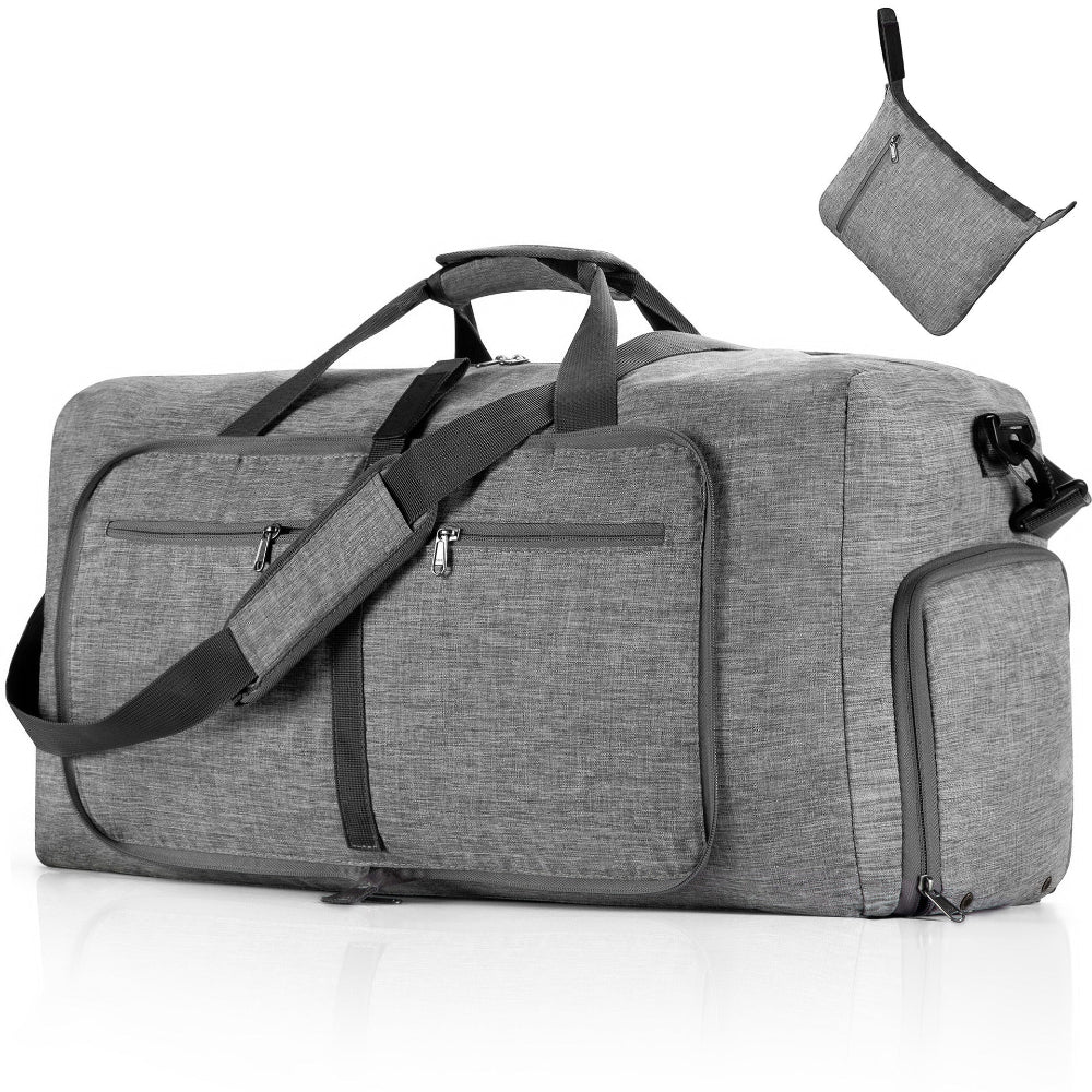 Elosung Grey Large Foldable Travel Duffel Bag With Shoe Compartment And Carry Pouch Lightweight Durable Spacious Duffle Bags