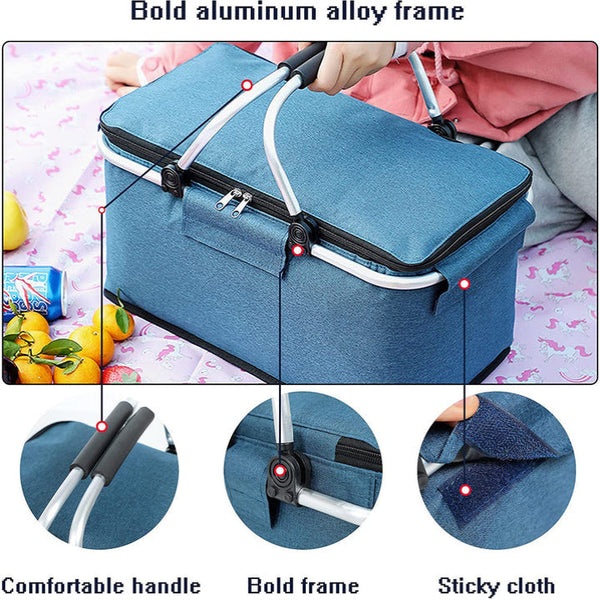 Elosung Black Aluminum Foil Insulated Picnic Basket With Zipper Lid 40X20x23cm Picnic Accessories