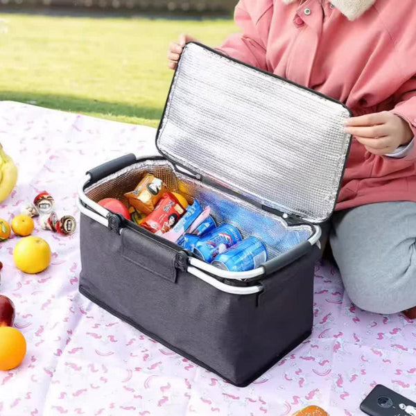 Elosung Red Aluminum Foil Insulated Picnic Basket With Zipper Lid 40X20x23cm Picnic Accessories
