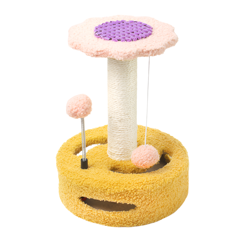 Elosung Yellow Pink Interactive Cat Scratching Post With Playful Ball Toys Flower Design 35Cm Height 26Cm Base Furniture & Scratchers
