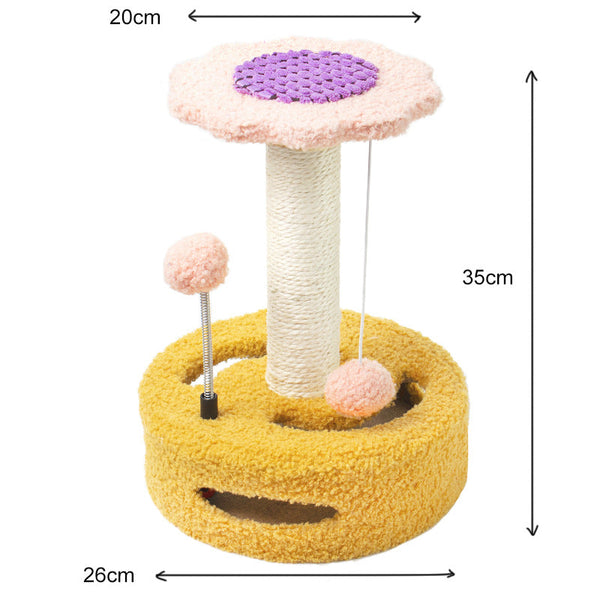 Elosung Yellow Pink Interactive Cat Scratching Post With Playful Ball Toys Flower Design 35Cm Height 26Cm Base Furniture & Scratchers