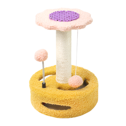 Elosung Yellow Pink Interactive Cat Scratching Post With Playful Ball Toys Flower Design 35Cm Height 26Cm Base Furniture & Scratchers