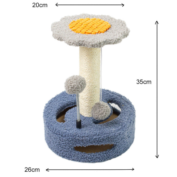 Blue Grey Interactive Cat Scratching Post With Playful Ball Toys Flower Design 35Cm Height 26Cm Base Furniture & Scratchers