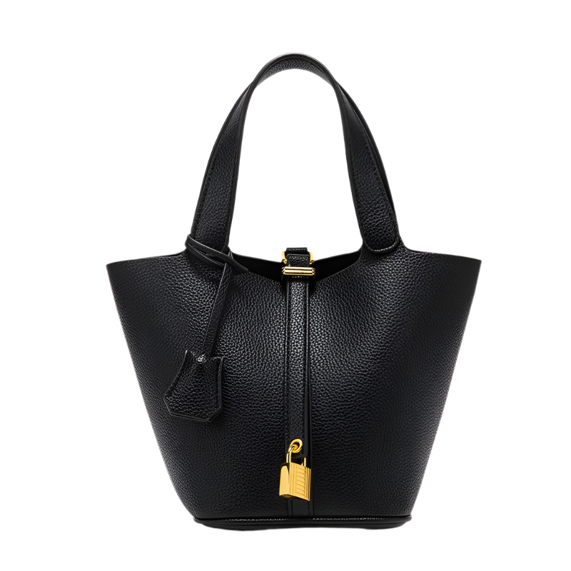 Elosung Black Elegant Women's Leather Tote Handbag With Gold Lock Detail Women's Bags & Handbags