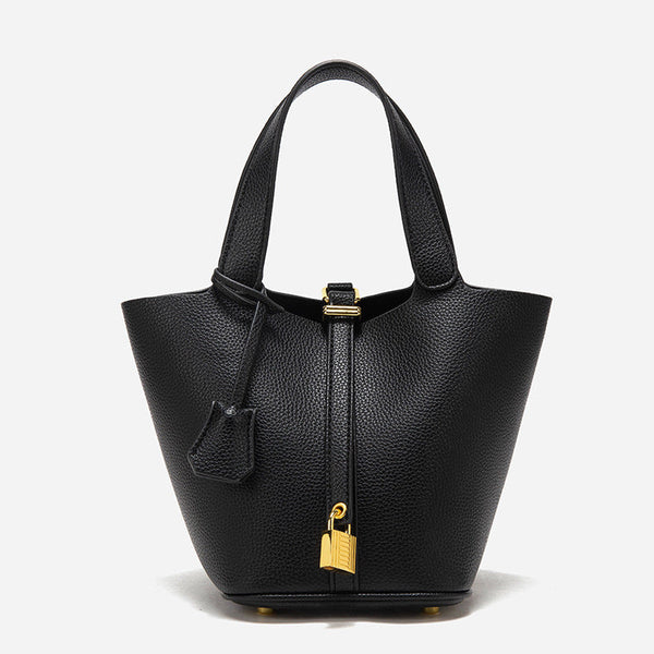 Elosung Black Elegant Women's Leather Tote Handbag With Gold Lock Detail Women's Bags & Handbags