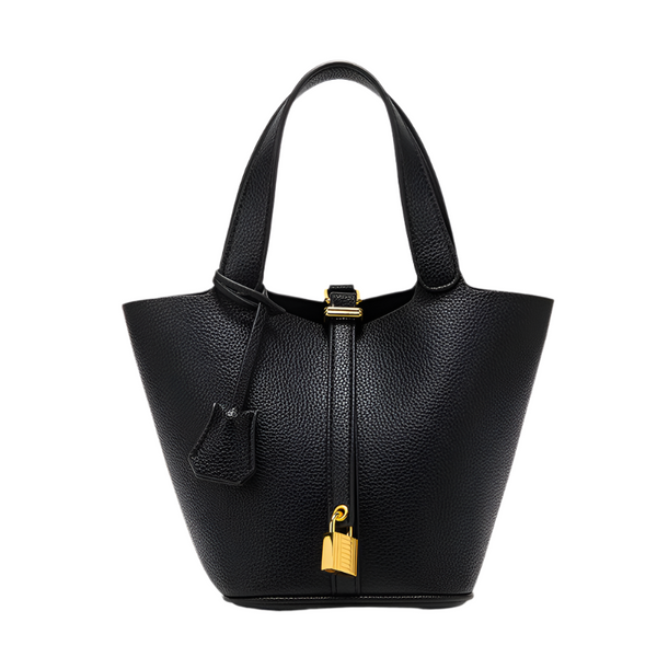 Elosung Black Elegant Women's Leather Tote Handbag With Gold Lock Detail Women's Bags & Handbags