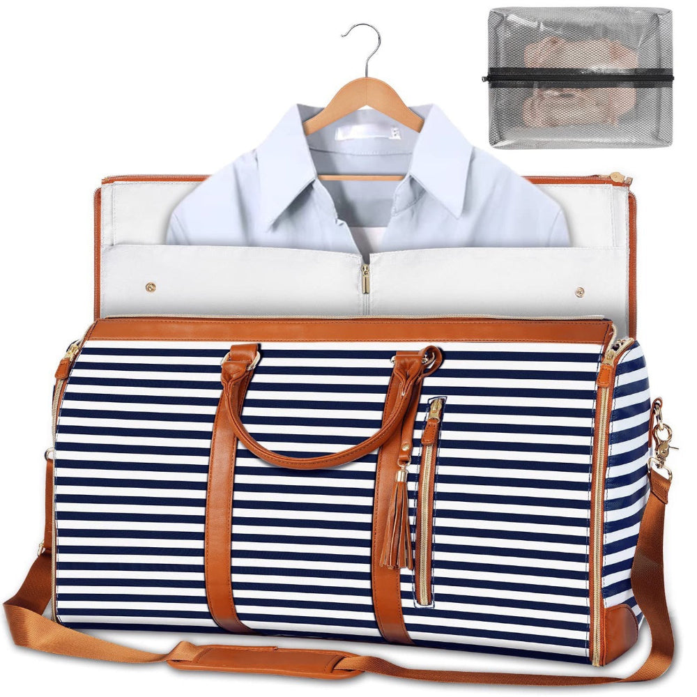 Elosung Blue Stripe Convertible Garment Duffel Bag With Leather Accents Travel Weekender For Suits And Dresses Bags