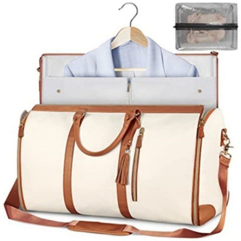 Elosung Beige Convertible Garment Duffel Bag With Leather Accents Travel Weekender For Suits And Dresses Duffle Bags