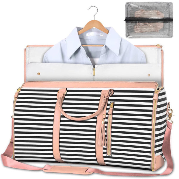 Elosung Black Stripe Convertible Garment Duffel Bag With Leather Accents Travel Weekender For Suits And Dresses Bags