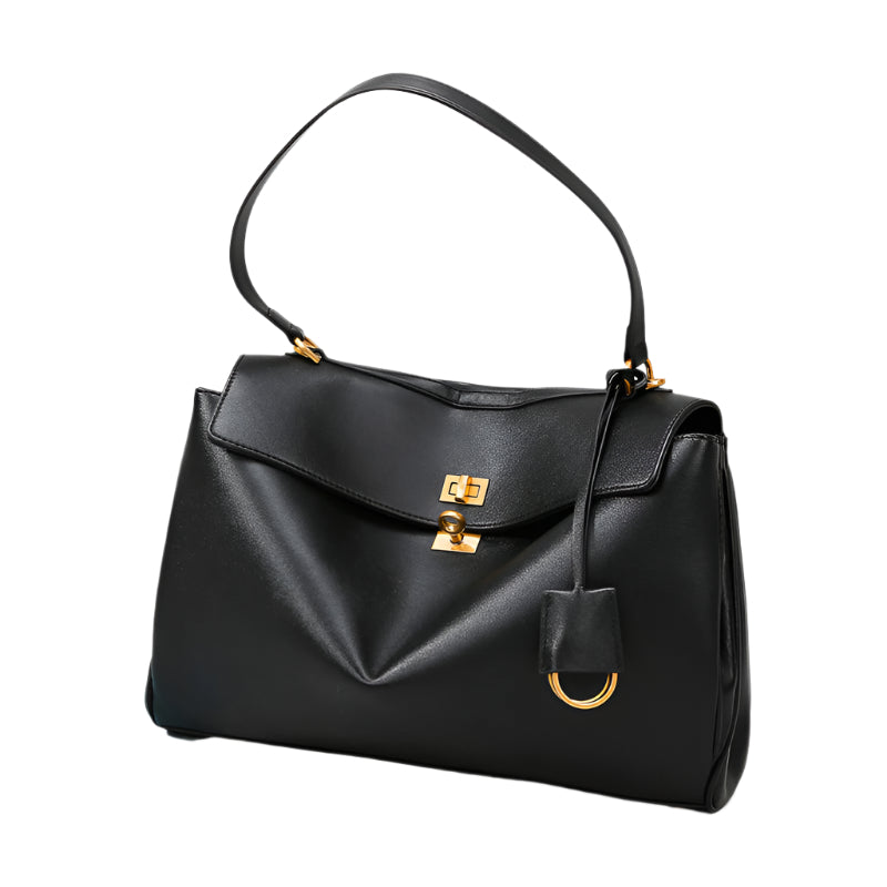 Elosung Elegant Black Leather Handbag With Gold Accents Versatile Shoulder And Carry Women's Bags & Handbags