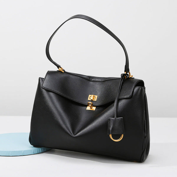 Elosung Elegant Black Leather Handbag With Gold Accents Versatile Shoulder And Carry Women's Bags & Handbags