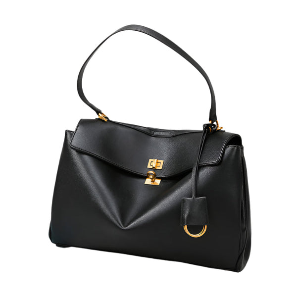 Elosung Elegant Black Leather Handbag With Gold Accents Versatile Shoulder And Carry Women's Bags & Handbags