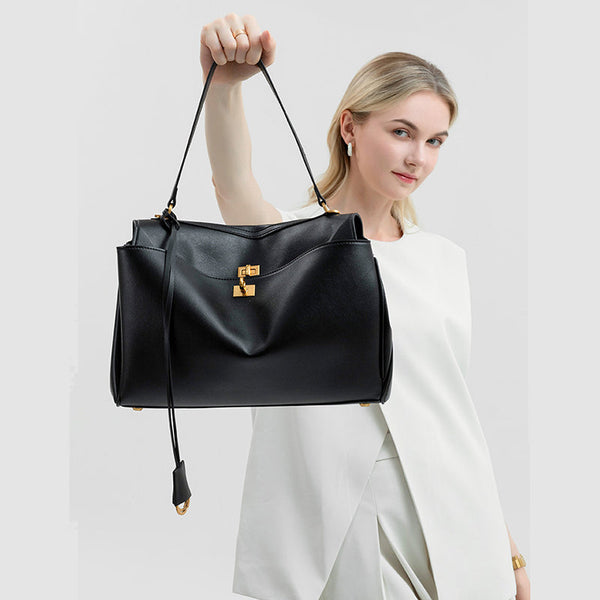 Elosung Elegant Black Leather Handbag With Gold Accents Versatile Shoulder And Carry Women's Bags & Handbags