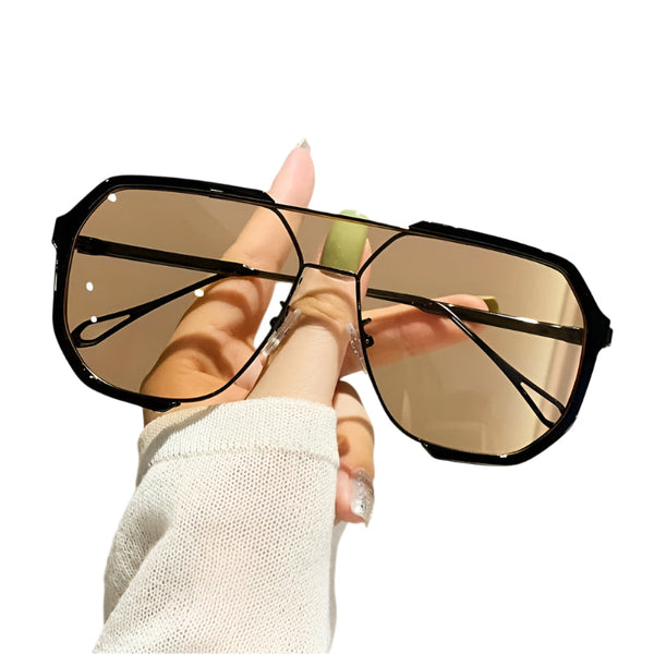 Elosung Black Frame Champagne Unisex Oversized Aviator Metal Retro Fashion Eyewear With Ac Lenses Sunglasses