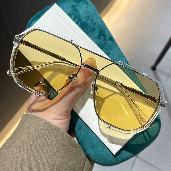 Elosung Transparent White And Yellow Tablets Unisex Oversized Aviator Metal Frame Retro Fashion Eyewear With Ac Lenses Sunglasses