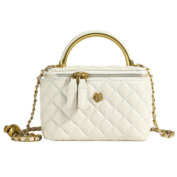 White Luxury Quilted Mini Box Handbag With Chain Strap And Metal Handle Elegant Evening Purse Women's Bags & Handbags