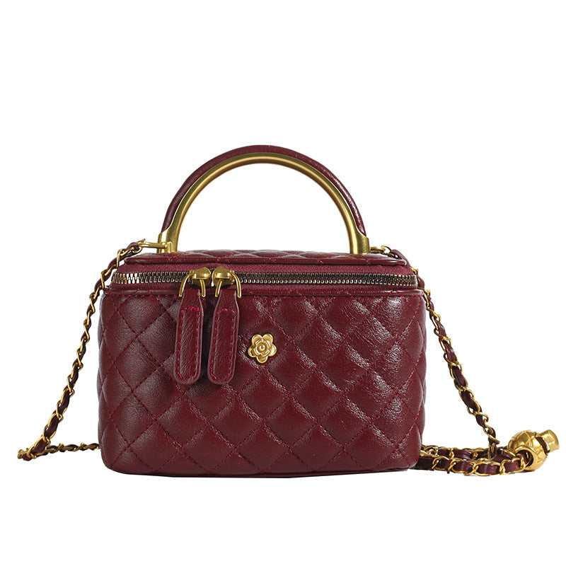 Wine Red Luxury Quilted Mini Box Handbag With Chain Strap And Metal Handle Elegant Evening Purse Women's Bags & Handbags
