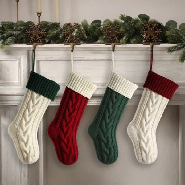 Elosung 3Pcs Red Knitted Christmas Gift Bag With Decorative Stocking And Colour Block Cable Large Capacity Holiday Seasonal Decorations