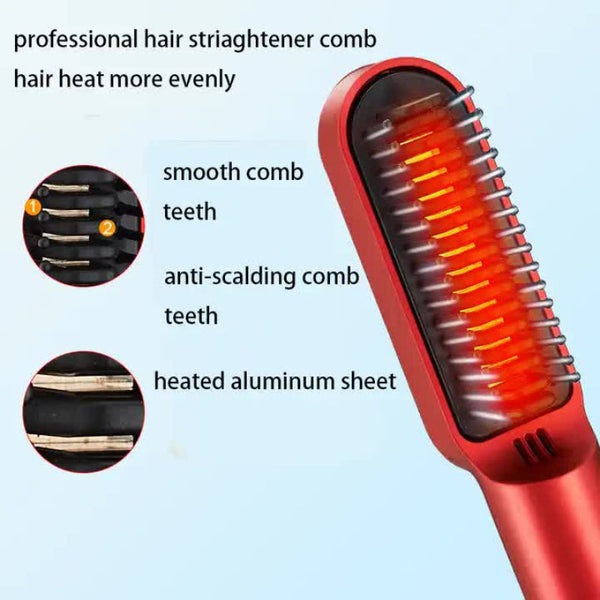 Elosung Red Wireless 2 In 1 Ceramic Hair Straightener & Curler Portable Travel Hot Comb Rechargeable Styling Tool Straightening & Curling Irons