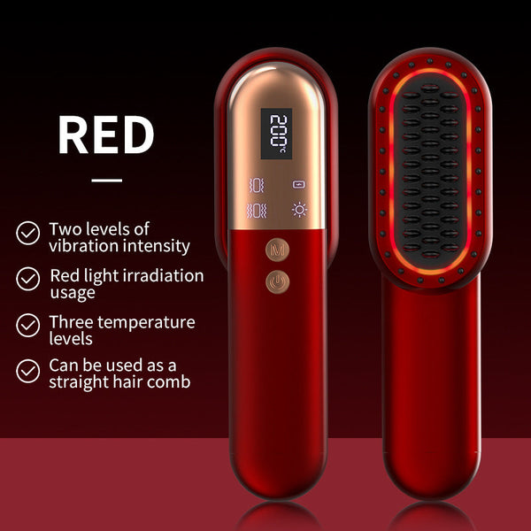 Elosung Red Mini Rechargeable Ionic Hair Straightening Comb | Portable Wireless Vibration Massage Brush For Frizz Free Smooth Straightening & Curling