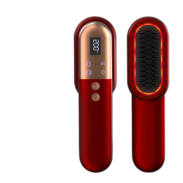 Elosung Red Mini Rechargeable Ionic Hair Straightening Comb | Portable Wireless Vibration Massage Brush For Frizz Free Smooth Straightening & Curling