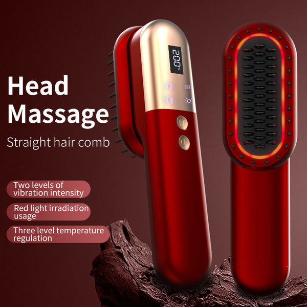 Elosung Red Mini Rechargeable Ionic Hair Straightening Comb | Portable Wireless Vibration Massage Brush For Frizz Free Smooth Straightening & Curling
