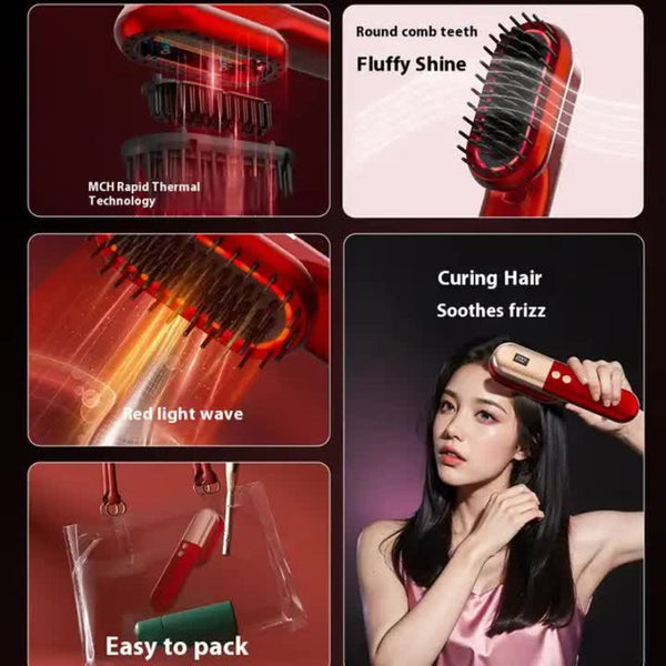 Elosung Red Mini Rechargeable Ionic Hair Straightening Comb | Portable Wireless Vibration Massage Brush For Frizz Free Smooth Straightening & Curling