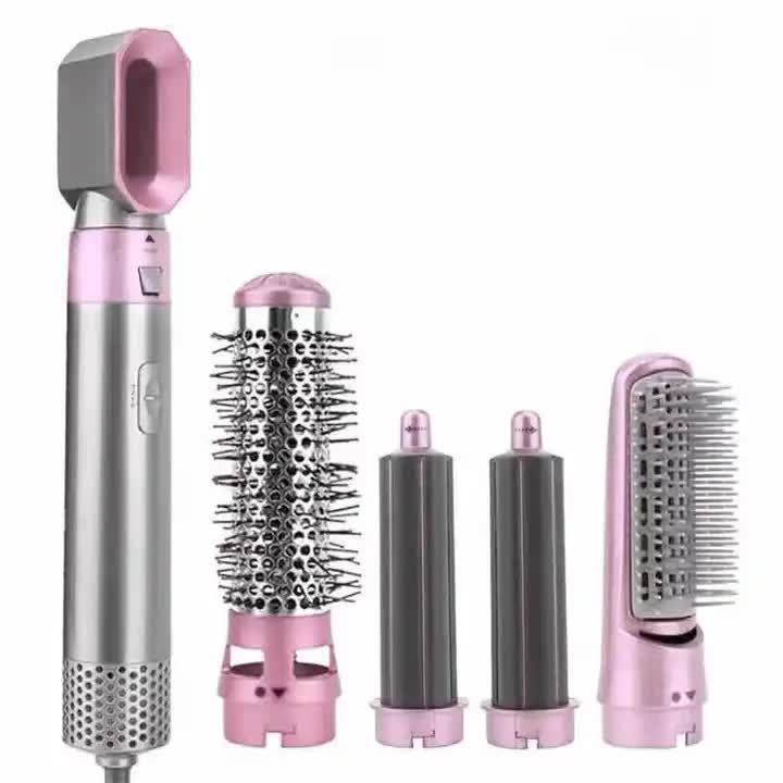Elosung Pink 5 In 1 Hot Air Blow Dryer Brush Automatic Curling Iron Straightener & Volumizing Multi Function Hair Styling Tool Straightening & Curling