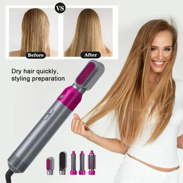Elosung Pink 5 In 1 Hot Air Blow Dryer Brush Automatic Curling Iron Straightener & Volumizing Multi Function Hair Styling Tool Straightening & Curling