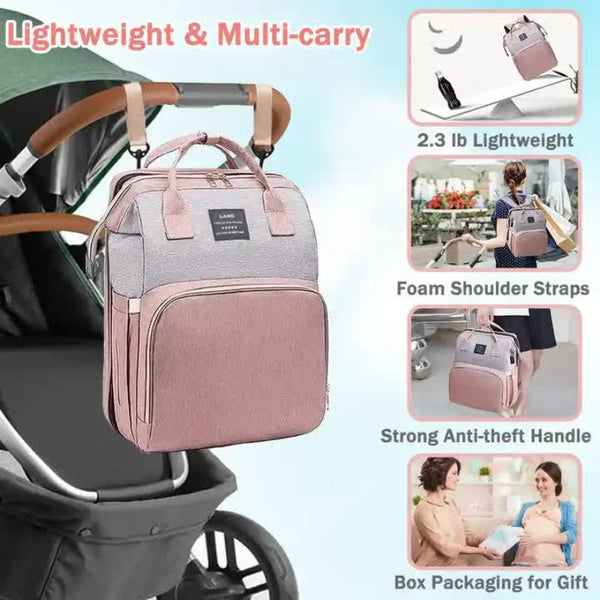 Elosung Pink Portable Mommy Bag With Little One Crib Multi Function Diaper Backpack Lightweight And Large Capacity For Moms Women Backpacks