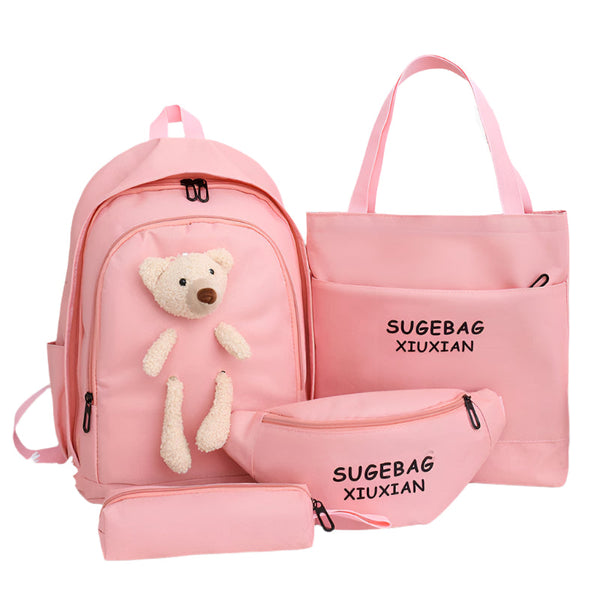 Elosung Pink Cute Little Bear Girls' Backpack Set Korean Style Large Capacity School Bag For High & Middle Students 4 Piece Backpacks & Bags
