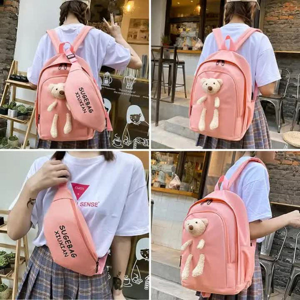 Elosung Pink Cute Little Bear Girls' Backpack Set Korean Style Large Capacity School Bag For High & Middle Students 4 Piece Backpacks & Bags