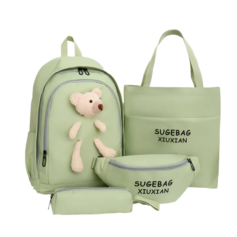 Green Cute Little Bear Girls' Backpack Set Korean Style Large Capacity School Bag For High & Middle Students 4 Piece Backpacks & Bags