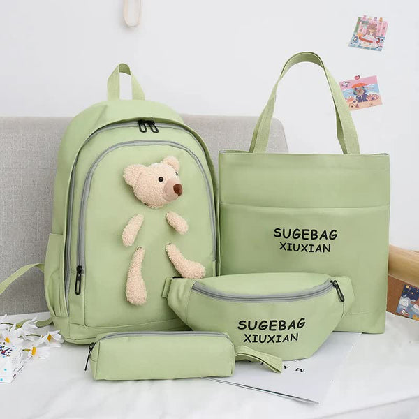 Green Cute Little Bear Girls' Backpack Set Korean Style Large Capacity School Bag For High & Middle Students 4 Piece Backpacks & Bags