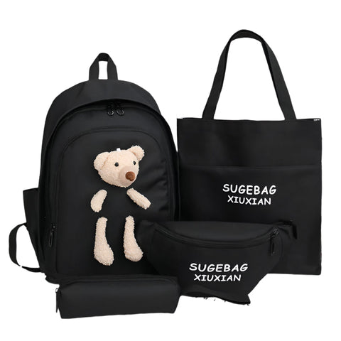 Black Cute Little Bear Girls' Backpack Set Korean Style Large Capacity School Bag For High & Middle Students 4 Piece Women's Bags & Handbags
